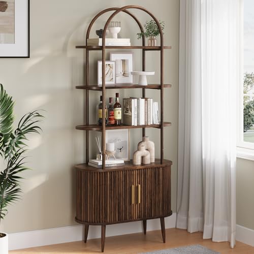 71" Tall Arched Bookshelf with Sliding Doors, Mid Century Modern Metal Curved Bookcase Cabinet with Storage, 4-Tier Storage Shelf for Living Room, Home Office, Bedroom, Walnut
