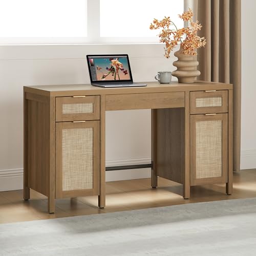 52" Rattan Home Office Desk with 3 Drawers: Boho Executive Desk with 2 Storage Cabinets, Large Computer Writing Table for Study, Office, Living Room