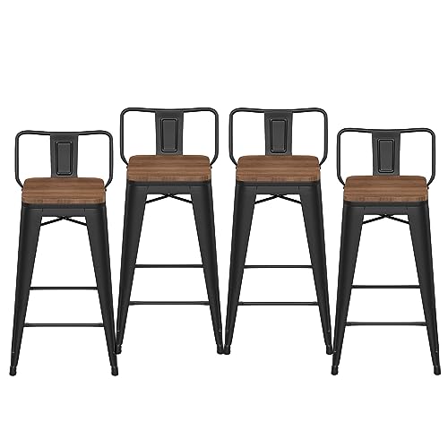 Matte black low back metal counter stools with wooden seat, set of 4, view 2