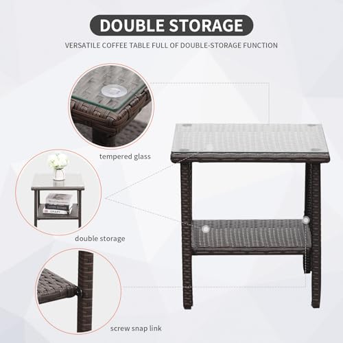 Outdoor HDPE Wicker Rocking Chair 3-Piece Patio Rattan Bistro Set 2 Rocker Armchair and Glass Coffee Side Table Furniture Washable Lacing Cushions, Khaki