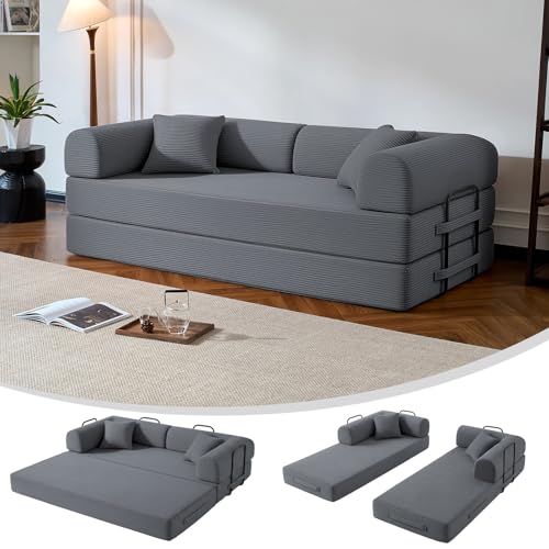 79" Boneless Couch,6-in-1 Convertible Sofa Bed,Corduroy Sleeper Sofa Bed with Pillows,Modular Foldable Floor Loveseat, Boneless Couches for Living Room, Bedroom, Lounge, Studio (Dark Gray)