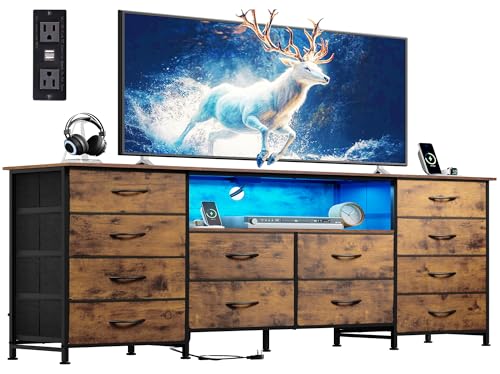 Dresser TV Stand for 75 Inch TV, 12 Drawer LED Dresser, Rustic Brown, view 2