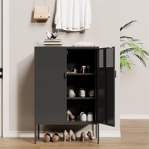 Black Metal Storage Cabinet,2 Door TV Stand, Metal Mesh Accent Cabinet,Magnetic Door Closure,Low Storage Cabinets with Doors and Shelf for Home,Office,Living Room