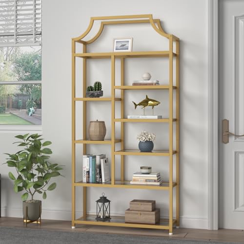8-Open Shelf Bookshelf, 70.87" H x 31.5" L Lux Etagere, Tempered Glass Bookcase, Tall Storage Display Modern Open Book Case for Bedroom, Home Office & Living Room, Gold Finish & Glass Shelving