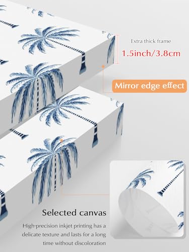 NuYeBiofx Blue Palm Tree Tropical Coastal Canvas Wall Art Prints,48"x32" Framed Picture Artwork Summer Leaves Minimalist Printed Canvas Oil Painting for Living Room Bedroom Office,Ready to Hang