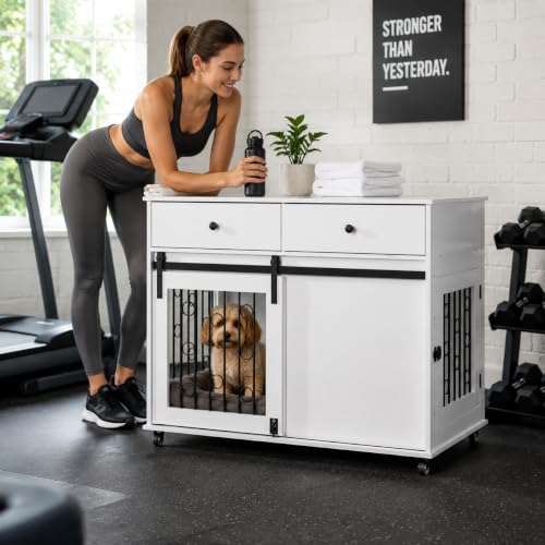 Rolling Furniture Dog Crate, 39" Wood Dog Crate End Table with Swivel Casters, view 8