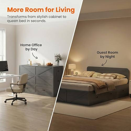 4-in-1 Queen Murphy Bed with Mattress Included & Extra Large Drawers, Multifunctional Cabinet Bed that Converts to Sofa Set for Small Spaces/Guest Bedroom/Living Room, Grey