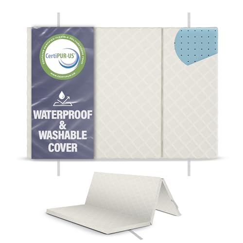 Trifold Pack and Play Mattress - Waterproof Washable Removable Cover | Fits Most Play Pens & Pack n Plays – Mattress Size 38 x 26 x 1 – Exceeds All CPSC Testing - CertiPUR + OKEO-TEX Certified