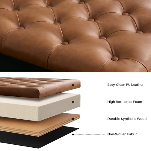 Square Storage Ottoman Coffee Table Tufted Upholstered Large Ottoman with Storage with Rolling Wheels Oversized Footrest Ottomans for Living Room, Brown Faux Leather