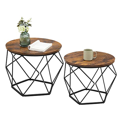 VASAGLE Small Coffee Table Set of 2, Round Coffee Table with Steel Frame, Side End Table for Living Room, Bedroom, Office, Rustic Brown and Ink Black | Living Room