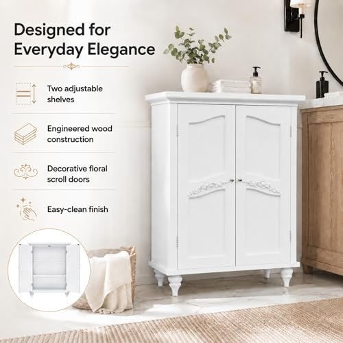 Versailles Wooden Freestanding Floor Storage Cabinet with 2 Adjustable Interior Shelves 3 Storage Spaces and 2 Floral Scroll Doors, White