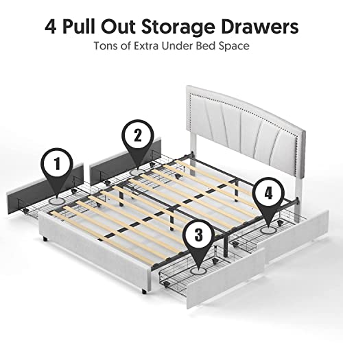 Storage Bed Frame Upholstered Low Profile Traditional Platform with Tufted and Nail Headboard/No Box Spring Needed/4 Pull Out Drawers/Light Grey Linen Fabric (Full Size)