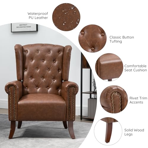 Mid-Century PU Leather Accent Chair, Living Room Lounge Sofa Chair with Buttons, Single Club Armchair with Rivet Trim for Bedroom Home Reception (Brown)