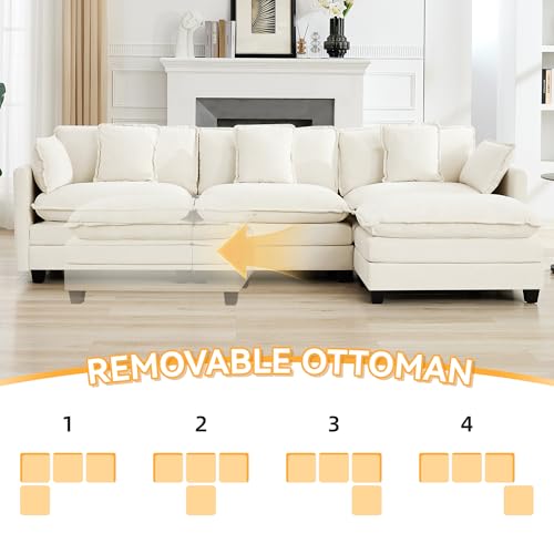 111'' Sectional Cloud Deep Seat Couch, Modern Comfy Chenille L Shaped Sectional Sofa for Living Room Set, Upholstered Modular 4-Seats Sofa Couch with Movable Ottoman, Beige