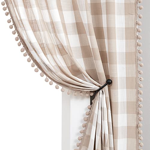 Pompom Buffalo Check Curtains Taupe and White Plaid Window Treatment Set 95, view 2