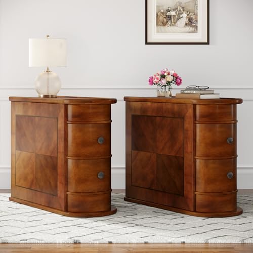 Wood End Table with 2 Drawers, No Assembly Required Narrow Sofa Side Table for Living Room, Vintage Slim Nightstand Bedside Table for Bedroom (2 Drawers, Brown, 2 Pcs)