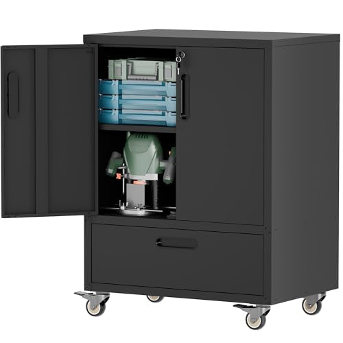 Metal Storage Cabinet with Wheels, Heavy Duty Steel Tool Cabinet with Doors and Drawer, Lockable Tool Cart for Garage Basement Workshop Warehouse, Assembly Required (Black)
