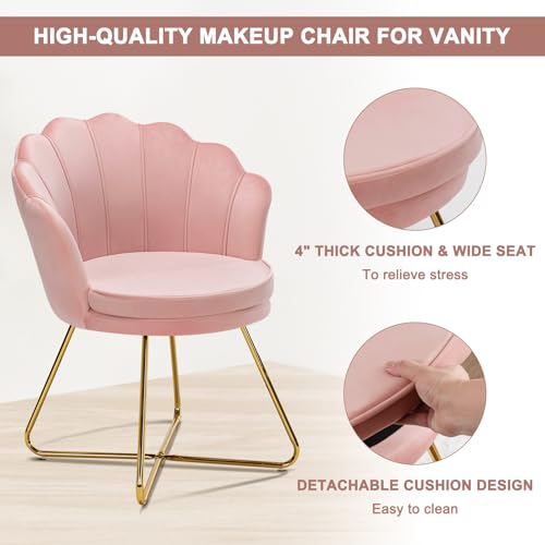 Pink Vanity Chair with Back, Velvet Shell Accent Chairs for Living Room Bedroom, Criss Cross Chair with Gold Legs no Wheels, Seat for Make up