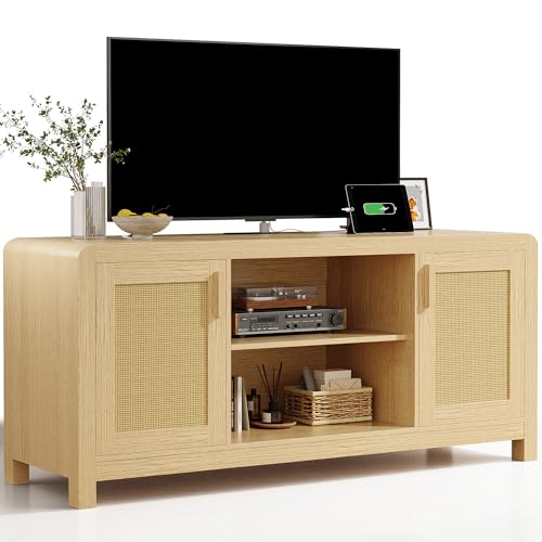 TV Stand with Power Outlet for TVs up to 65", Entertainment Center with Rattan Doors Storage & Adjustable Shelves, Cord Holes, Modern Media Console for Living Room, Natural