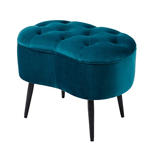 Tufted Oblong Velvet Ottoman - Mid Century Modern Upholstered Foot Rest with Steel Legs - Soft Padded Foot Stool, Accent or Vanity Chair for Living Room, Bedroom or Dorm (Teal)