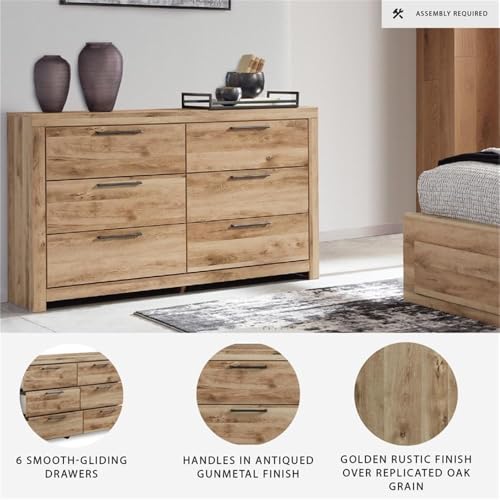 6-Drawer Farmhouse Dresser, Light Brown Rustic Finish, Gunmetal Handles, Engineered Wood Construction, Horizontal Design, 36.42" H x 58.7" W x 15.31" D, Bedroom Storage Furniture