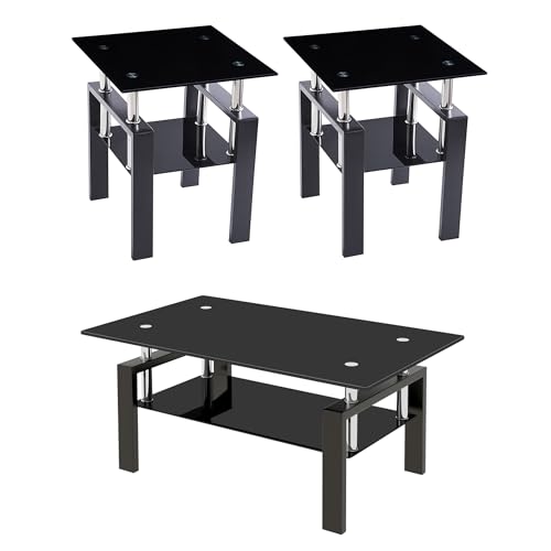 Glass Coffee Table Set of 3, Modern Black Living Room Tables, view 2