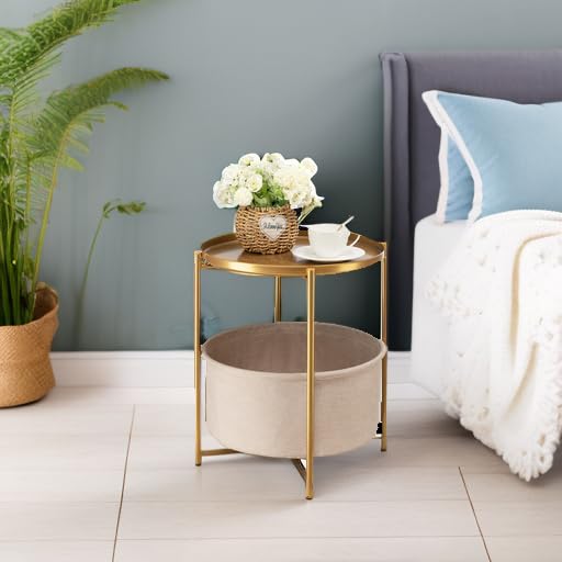 Gold Side Table with Basket, Small Round Table for Living Room | Metal Modern Nightstand for Small Space, Bedroom, Nursery, Accent Metal Stand with Removable Serving Tray, 20.47 in Tall
