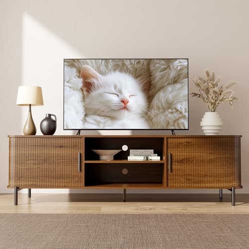 70" Mid-Century Fluted TV Stand with Storage up to 80 Inch, Walnut | Modern Entertainment Center with Sliding Doors & Open Shelves