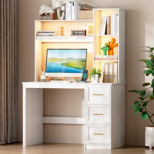 40” Home Office Desk with Hutch and Drawers, Computer Desk with Power Outlets and LED Light, Study Writing Gaming Table with Storage Shelves, Workstation for Bedroom, White