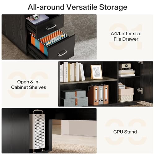 Tribesigns 85.8-Inch L-Shaped Executive Office Desk with File Drawers & Storage Cabinet, Professional Corner Computer Desk Extra Large Business Workstation with Adjustable Shelves (Gray&Black)