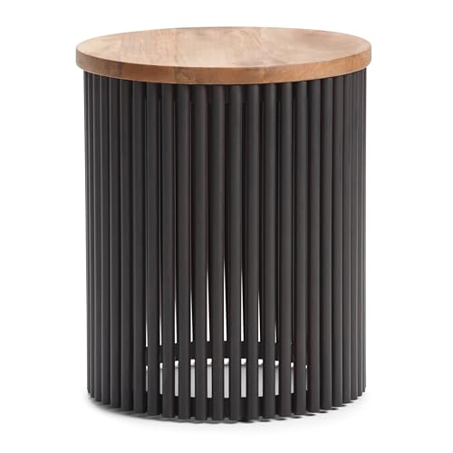 Demy Metal and Wood Accent Table - 18 inch Wide Solid Metal Round End Table in Natural and Black, Industrial Side Table or Coffee Table for Living Room with Compact Design, Assembled | Side Table