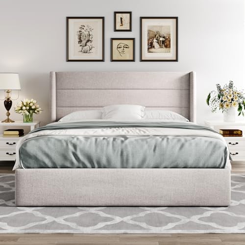 Full Size Lift Up Hydraulic Storage Bed Frame Light Beige, view 7