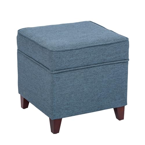 17" Square Ottoman with Storage, Small Blue Storage Ottoman Foot Rest with Hinged Lid & Solid Wood Legs, Linen Fabric Foot Stool for Living Room & Bedroom, Seasonal Home Refresh & Gifting