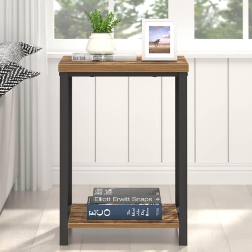 End Table, Square Side Tables for Living Room, Industrial Metal and Wood Nightstand for Bedroom, Rustic Brown