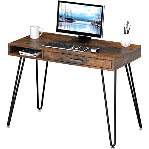 Home Office Computer Hairpin Leg Desk with Drawer, Rustic Brown