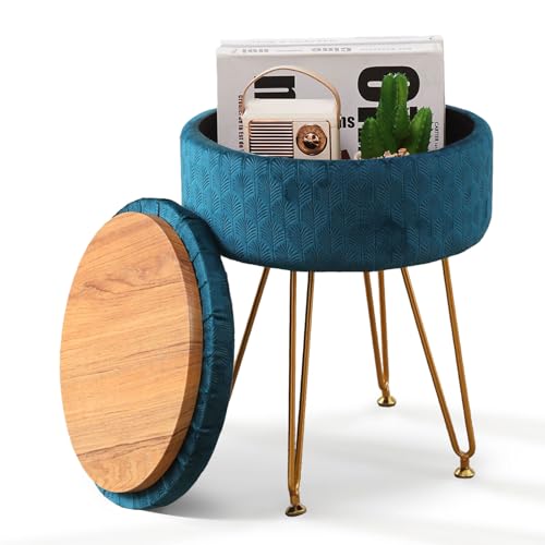 Velvet Storage Ottoman Round Footrest Stool Multifunctional Upholstered Ottoman Modern Accent Vanity Stools Tray Top Coffee Table Suitable for Living Room Bedroom