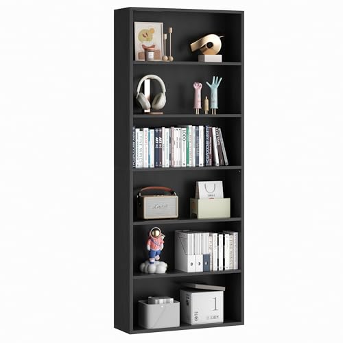 6-Tier Open Bookcase and Bookshelf, Floor Standing Wood Display Storage Shelves 71 Inch Tall Bookcase Home Decor Furniture for Home Office, Living Room, Bed Room, Black