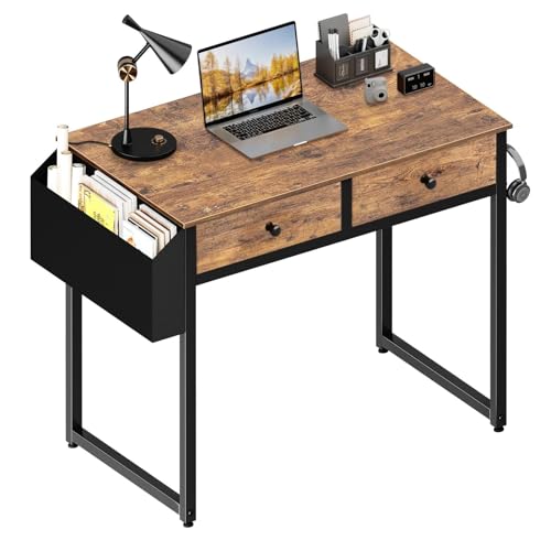 Small Computer Desk with 2 Drawers for Bedroom, 31 Inch Home Office Desk with Storage Fabric Drawer and Bag, Study Writing Table for Small Spaces, Rustic Brown