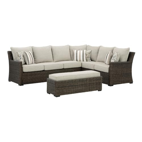 Signature Design by Ashley Brook Ranch Outdoor Sectional, All‑Weather Resin Wicker Patio Furniture With High‑Performance Cushions, Durable Aluminum Frame, Neutral