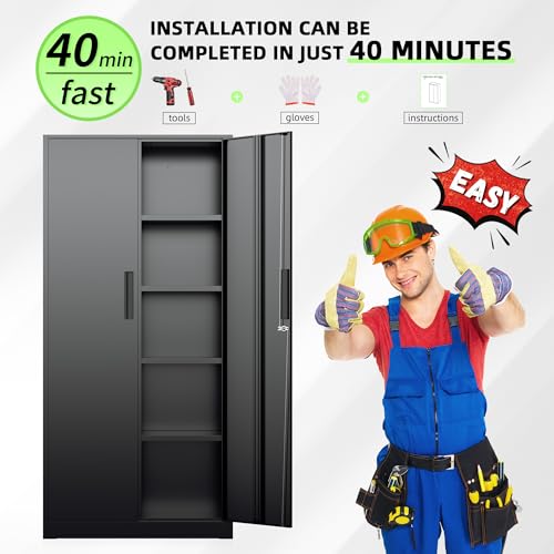 72" Storage Cabinet,2 Locking Doors & 4 Adjustable Shelves,Tall Cabinets,Heavy Duty Steel Cabinet for Home, Office, Warehouse, School (Black)