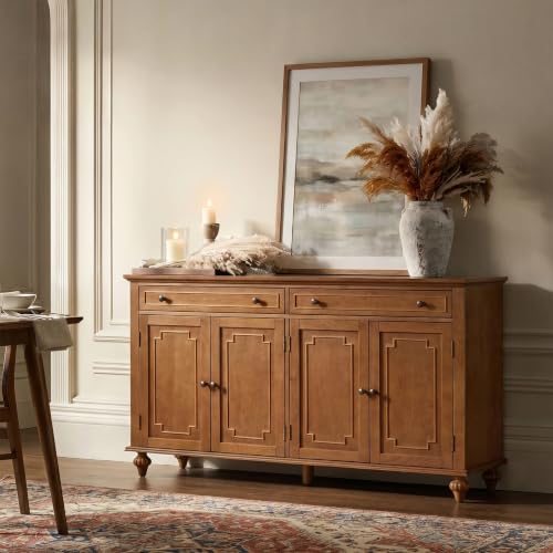 58" Sideboard Storage Cabinet, 4 Doors Storage Sideboard with Adjustable Shelves & 2 Drawers, Chic Channel Design, Transitional Buffet, Acorn