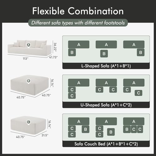 113" Modular Sectional Couch, Cloud Boneless Sofa with Deep Seats, Upholstered Corduroy U-Shaped Sleeper Sofa with Chaise, 3-Seater Couches for Living Room, No Assembly Required, Beige