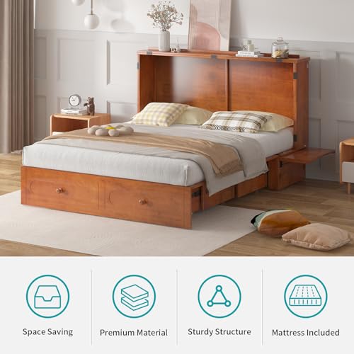 Cabinet Murphy Bed, Queen Size Murphy Chest Bed w USB Charging Station, Wall Cabinet Cube Beds with Storage Drawer, Modern Wooden Beds for Apartment Bedroom - No Mattress, Cherry
