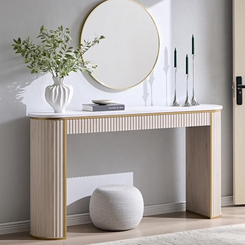 Modern Fluted Console Table, 63" Long Narrow Entryway & Sofa Tables for Hallway, Tall Accent Table Behind Couch for Foyer Living Room, White Alder