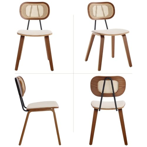 Mid-Century Dining Chairs Set of 2, PU Leather Kitchen Chairs with Rattan Backrest Wooden Legs Armless Design for Dining Room Living Room, Beige