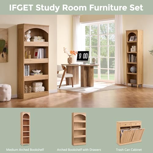 76" Tall Arched Bookcase with 1PC Magnetic Lock Drawer, Modern Wooden Arch Bookshelf w/3 Pull-Out Drawers, Farmhouse 4 Tiers Book Shelf w/Open Shelves for Living Room, Office (Natural)
