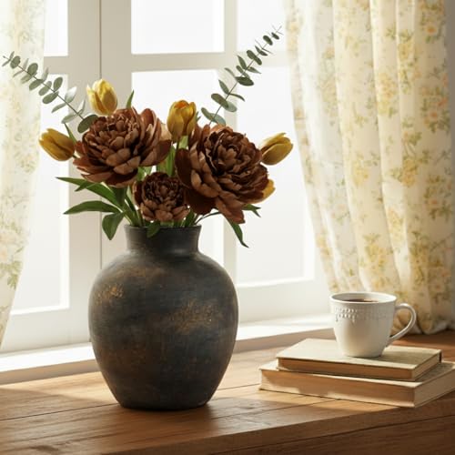 Ceramic Decorative Flower Vase | 6 Inch Pottery Rustic Farmhouse | Boho | Terracotta Vase for Home Decor, Table, Living Room, Bathroom, Shelf, Mantel Decoration, Bronze