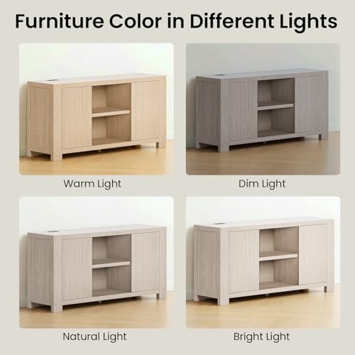 58'' TV Stand for TVs Up to 65'', Entertainment Center with Outlet, 2 Storage Cabinet, Wood Television Media Console Cabinet with Adjustable Shelf for Living Room, Bedroom, White Oak Gray