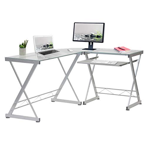 L Shaped Desk with Keyboard Tray - Efficient Work from Home Desk - Glass L Shaped Desk - Professional Work Desk for Home Office - Versatile Glass Corner Desks for Home Office