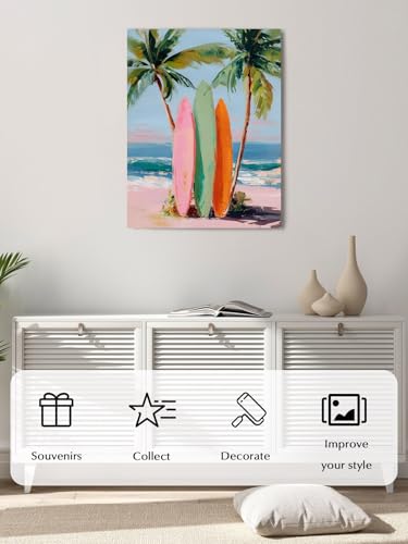NuYeBiofx Watercolor Tropical Beach Scene Canvas Wall Art Prints,40"x28" Framed Picture Artwork Summer Coconut Tree Surfboard Printed Canvas Oil Painting for Living Room Bedroom Office,Ready to Hang